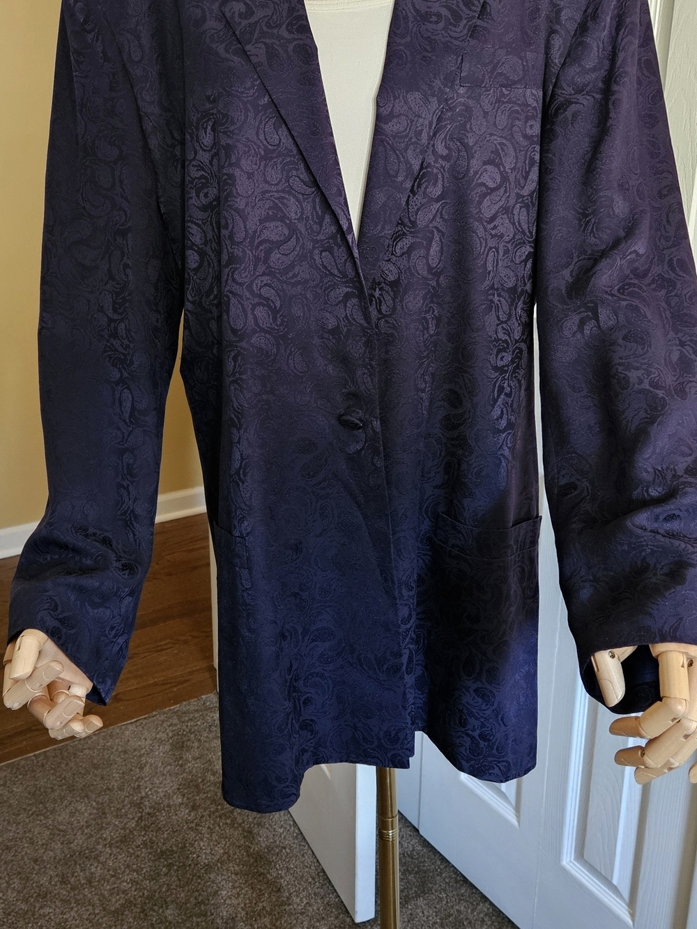 Women's Navy Paisley Blazer - Tailored Single-Button Jacket, 100% Wool, Size 12